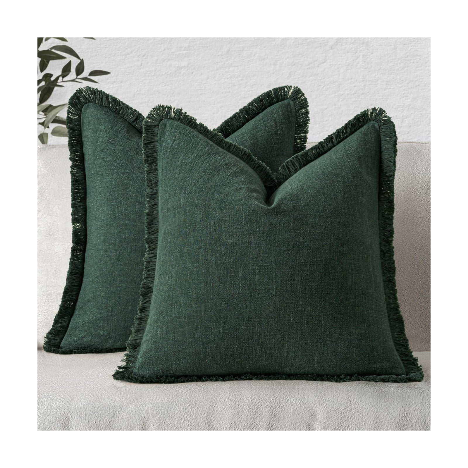 MIULEE Linen Fringe Decorative Euro Throw Pillow Covers Army Green 22x22