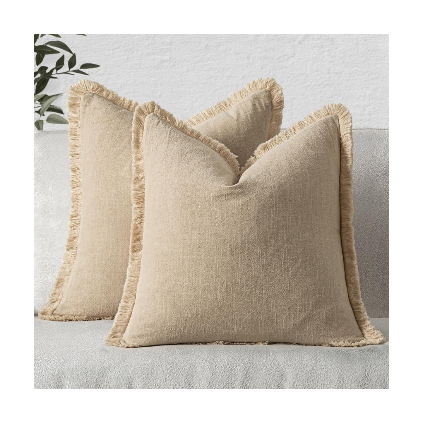 MIULEE Boho Linen Fringe Decorative Euro Throw Pillow Covers Beige 22x22