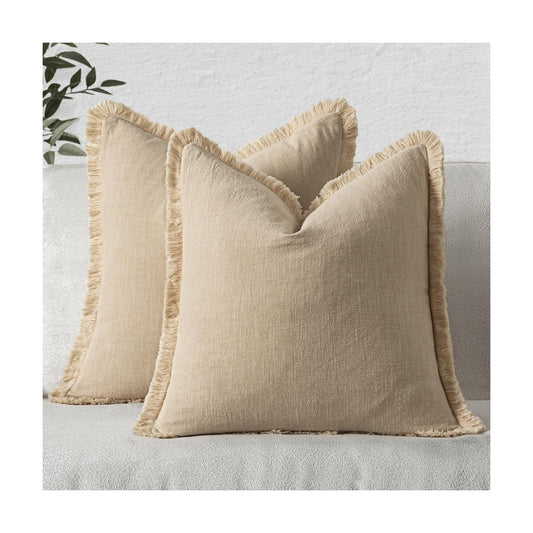 Decorative Throw Pillow Covers Neutral Linen Fringe Throw Pillows Boho / 20 x 20 / Beige / Set of 2