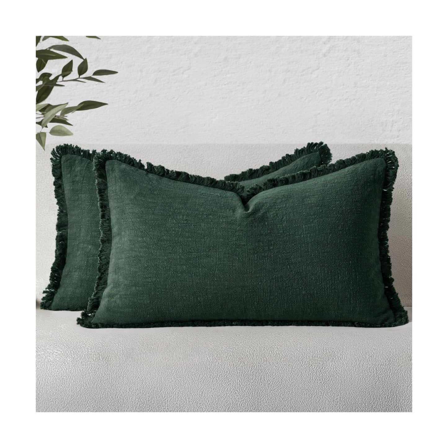 MIULEE Linen Fringe Decorative Lumbar Throw Pillow Covers Army Green 12x20