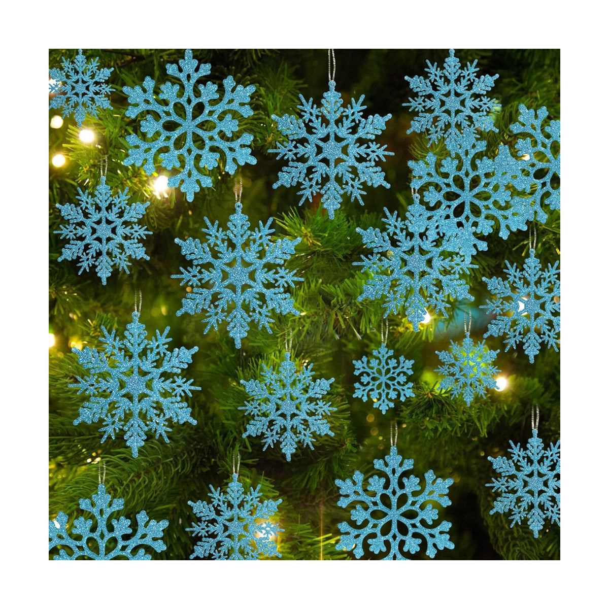 36pcs Christmas Light Blue Snowflake Ornaments Plastic Glitter Snow Flakes Ornaments for Winter Christmas Tree Decorations Size Varies Craft Snowflakes