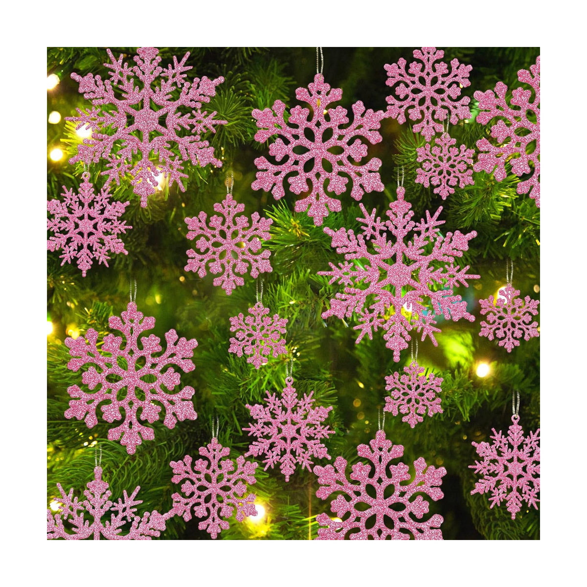 36pcs Christmas Light Pink Snowflake Ornaments Plastic Glitter Snow Flakes Ornaments for Winter Christmas Tree Decorations Size Varies Craft Snowflakes