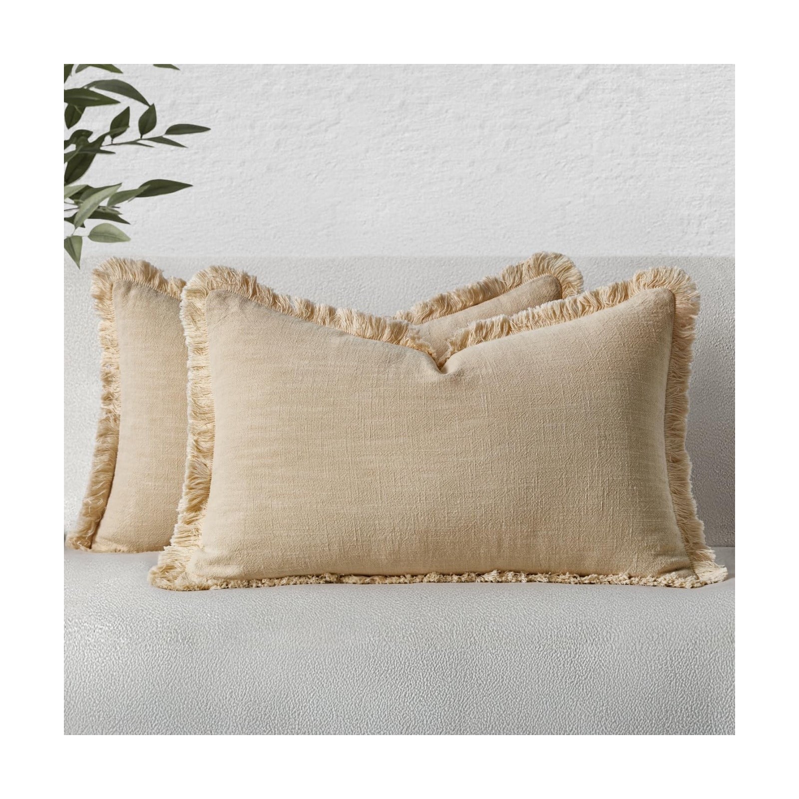 MIULEE Boho Linen Fringe Decorative Lumbar Throw Pillow Covers Beige 12x20