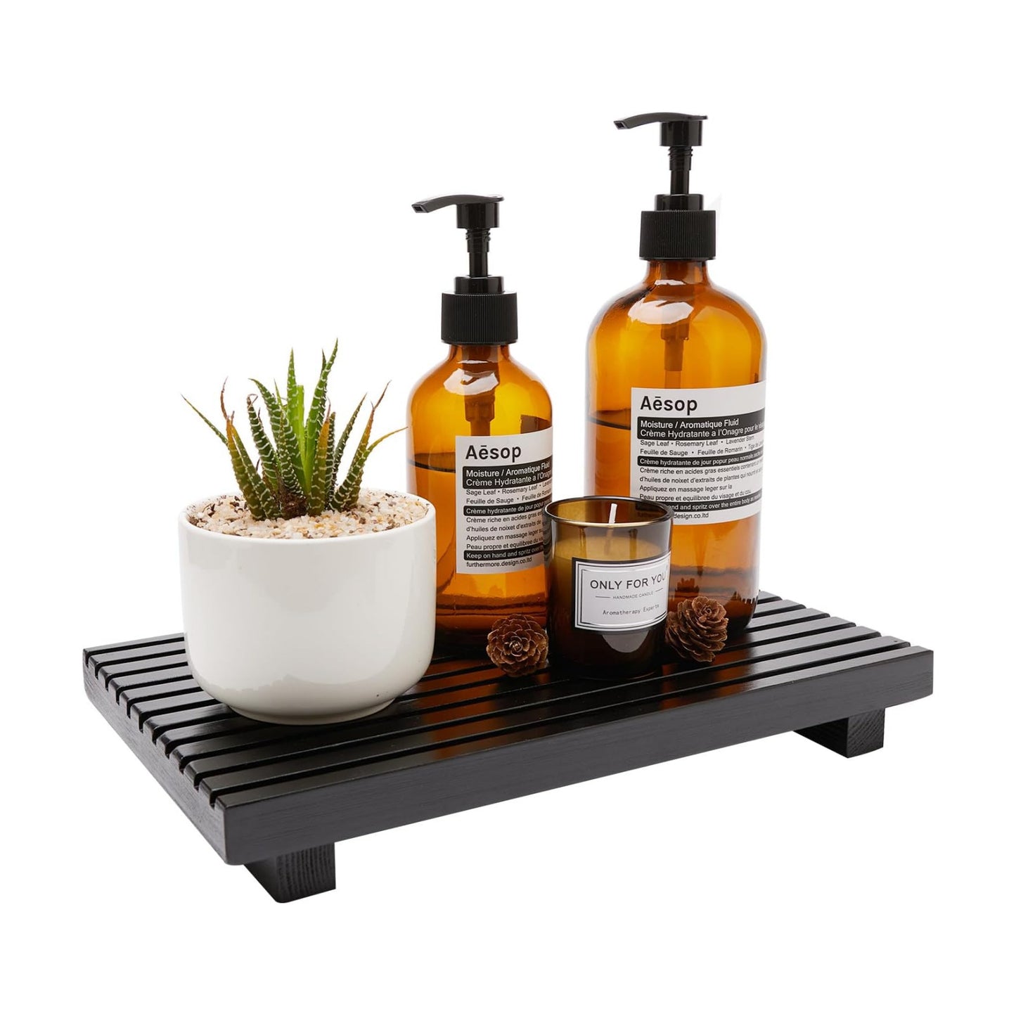Bathroom Counter Tray Organizer Wood Riser Stand Kitchen Countertop Trays Wooden / 12 x 6.7 / Black