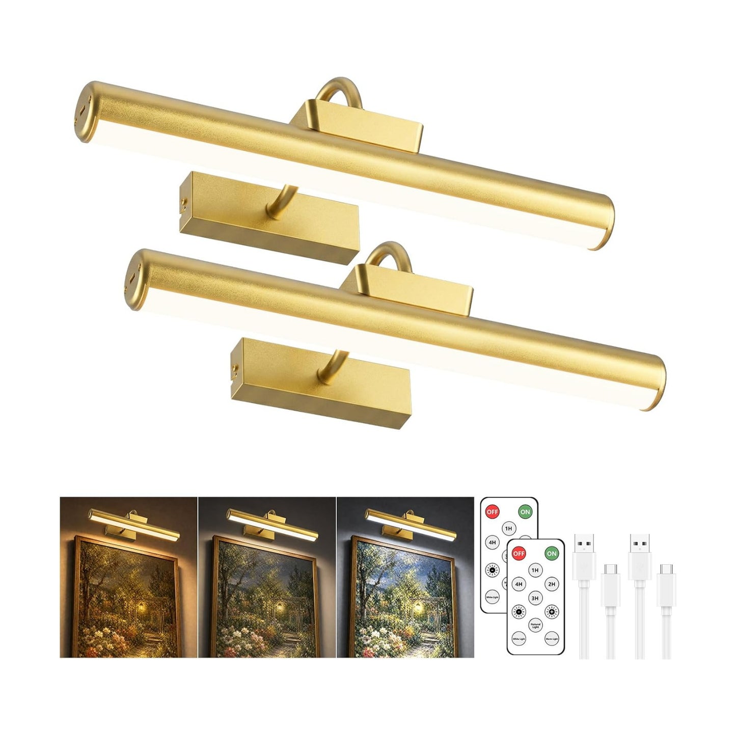 13" Wireless Picture Lights for Wall, Rechargeable Art Light, 2Pack Gold | Aluminum Photo Frame Light, Remote & Touch