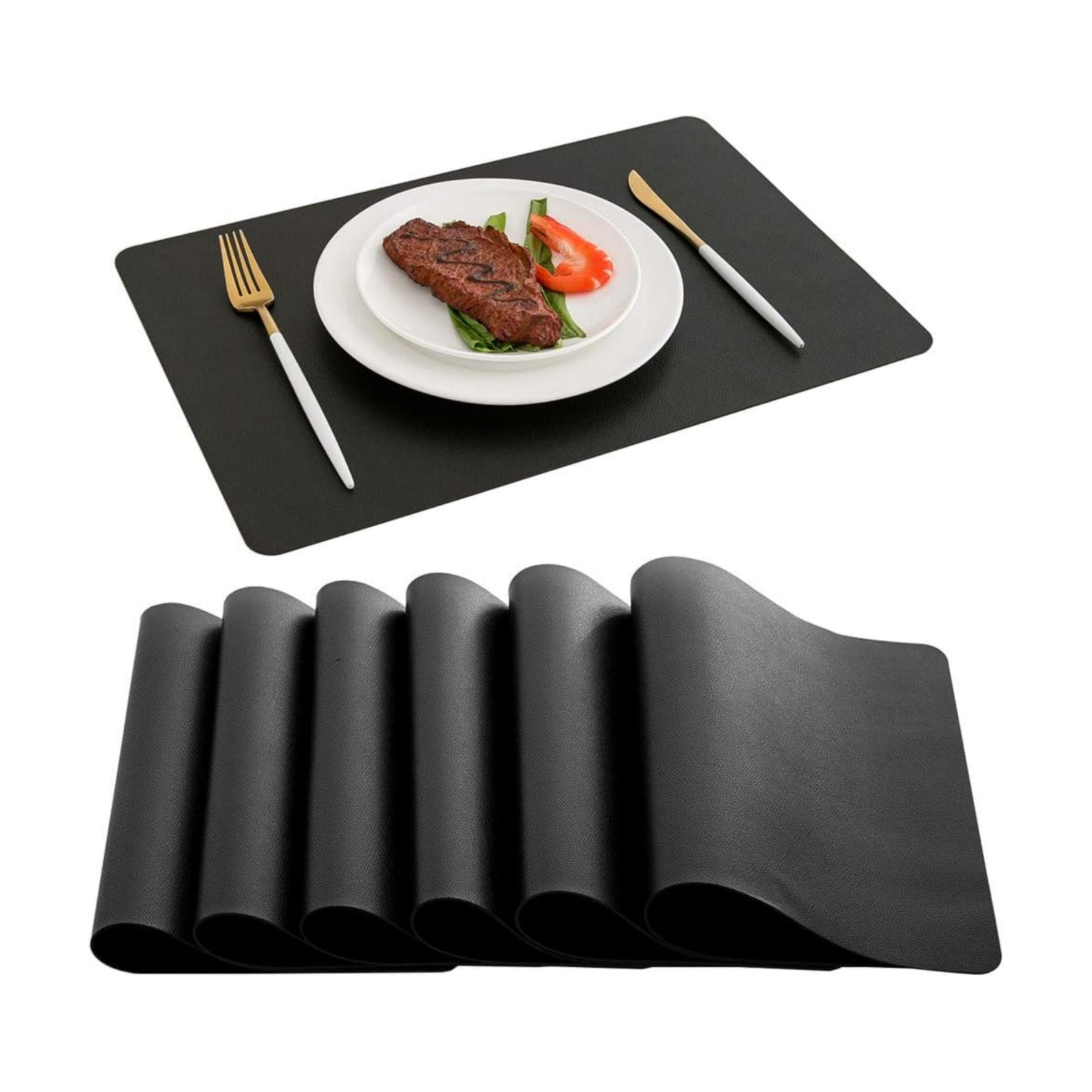 DOLOPL Black Placemats Set of 6, Faux Leather Place Mats, Modern Dining | Leather-look,Wipeable & Washable, Heat