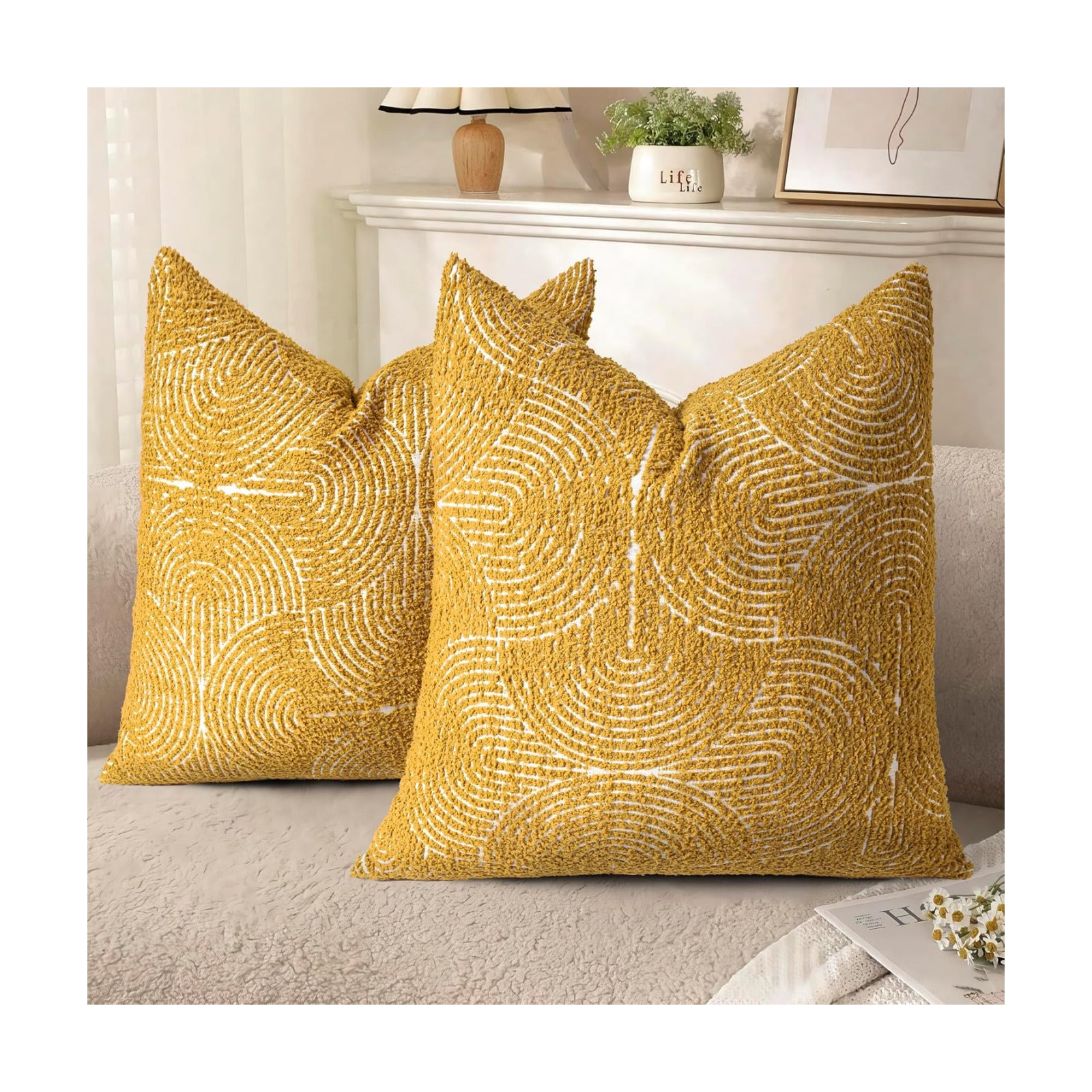 Boho Decorative Textured Throw Pillow Covers / Mustard Yellow / 20 x 20 / Set of 2