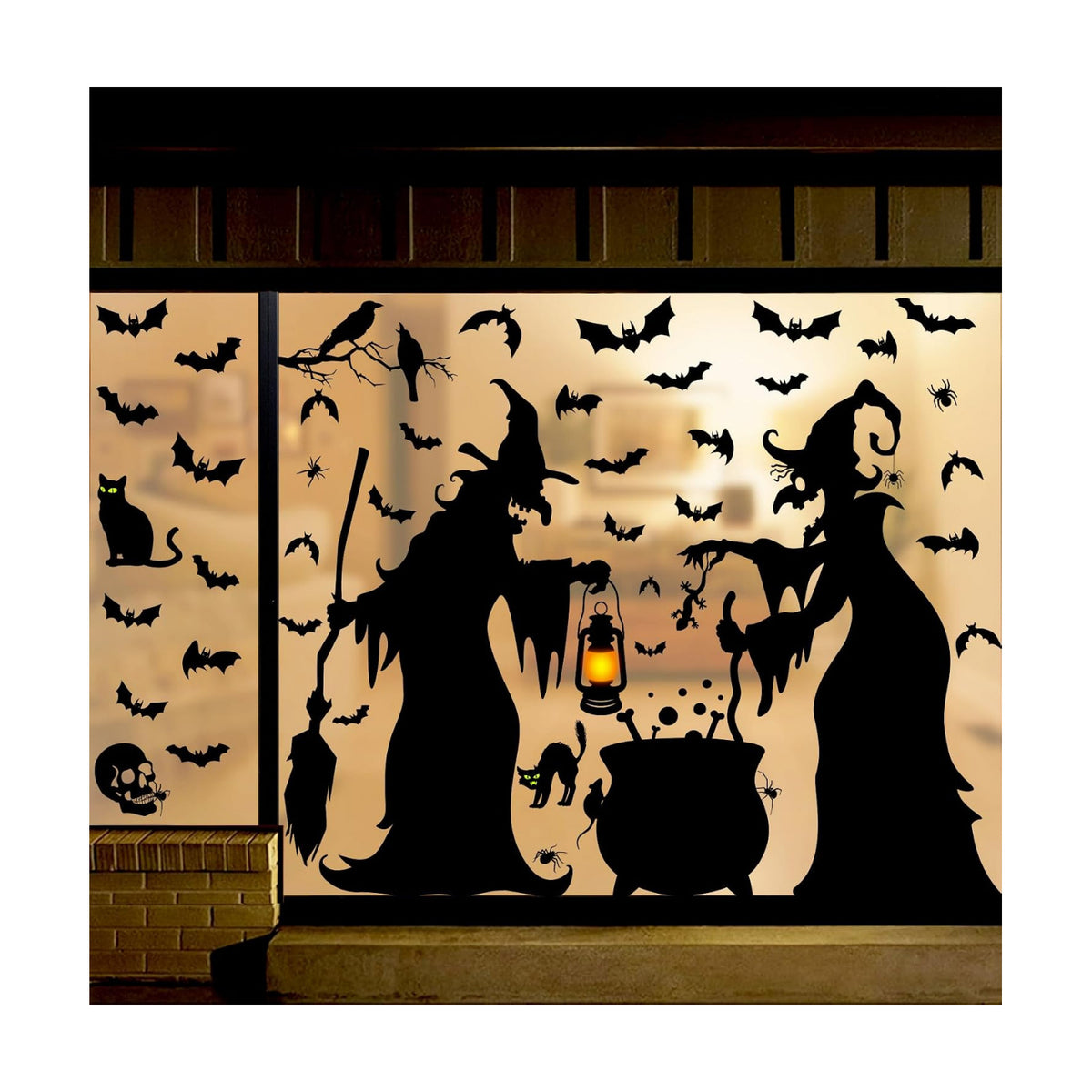 Halloween Decorations Window Clings Decor - Large Witches with Cauldron Bats Spider Black Cat Silhouette Halloween Window Stickers Decals for Home Indoor Outdoor Office Party Supplies