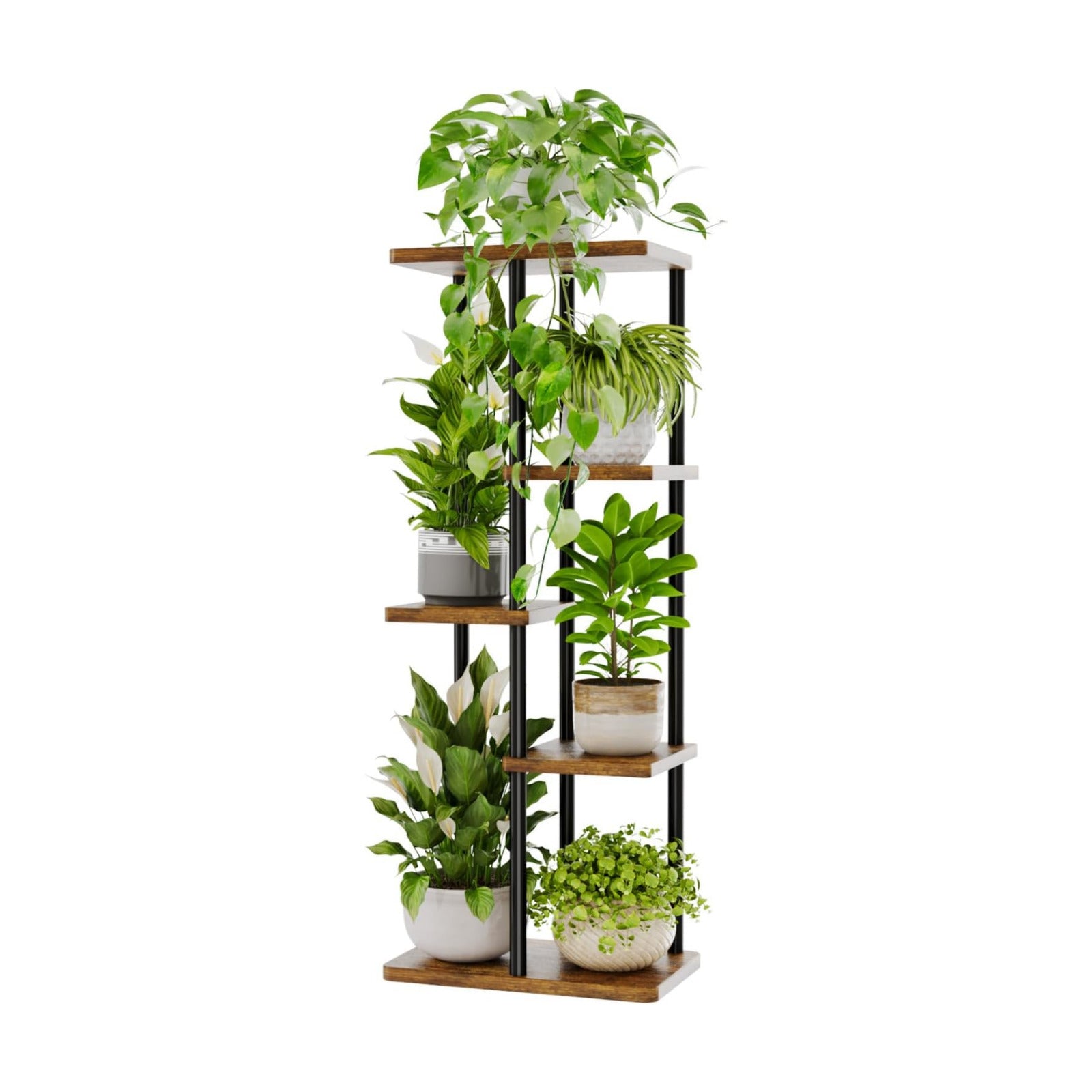 Bamworld Plant Stand 5 Tier Corner Metal Shelf Brown | Tiered shelf organizes multiple plants in living rooms