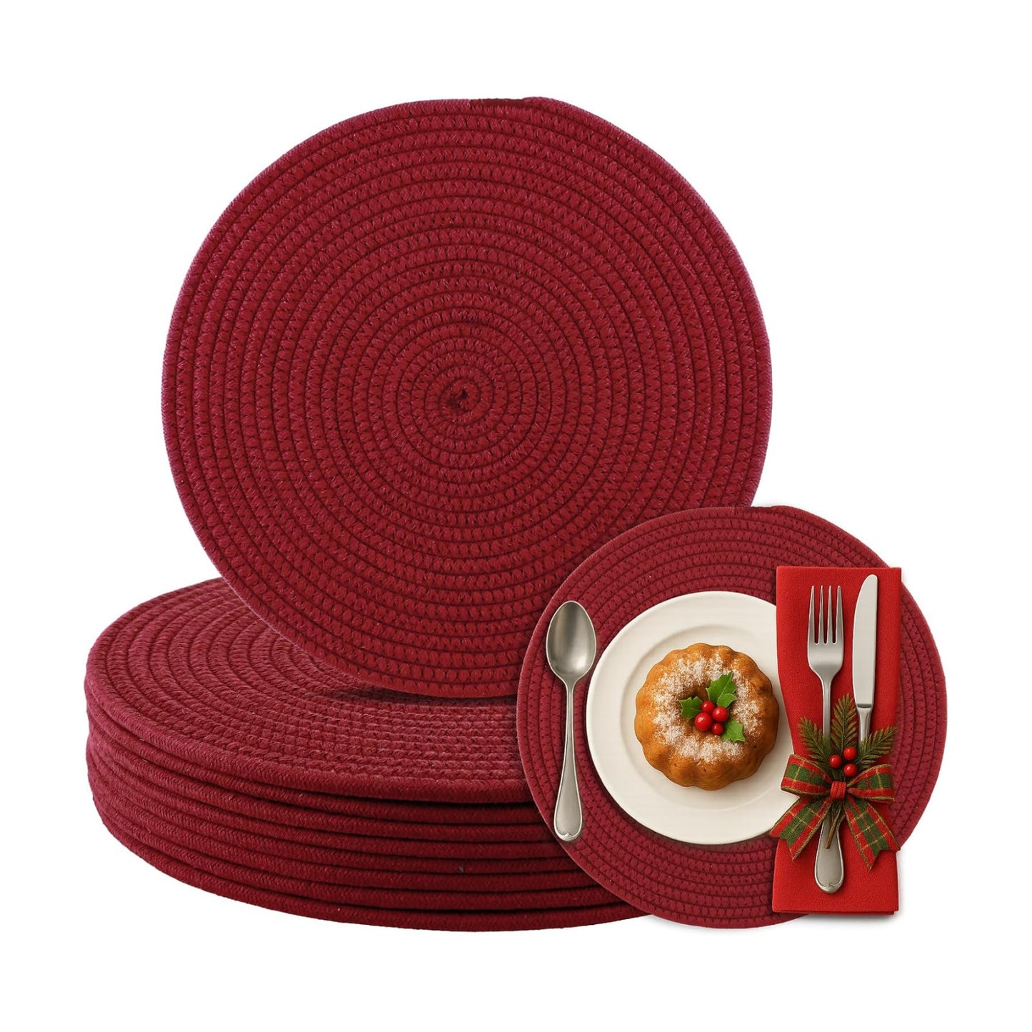 Aertiavty 8 Pack Round Woven Placemats for Christmas 13.5 Inches Red Heat Resistant Placemats Farmhouse Cotton Rope