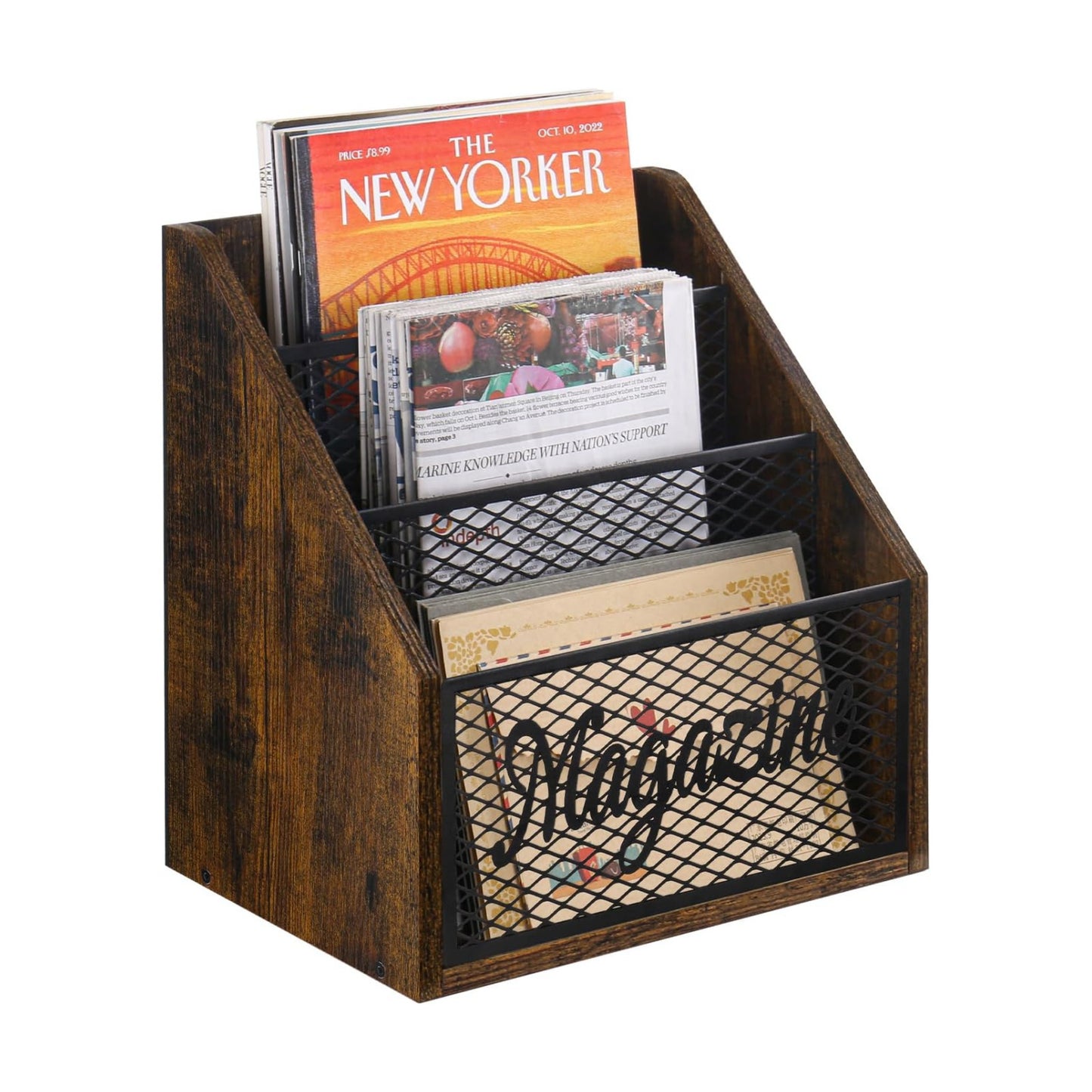 YINMIT 3 Tier Magazine Rack, Stepped Magazine Holder Floor for Home Storage | 3 Tier Stepped Design, Wood and Metal