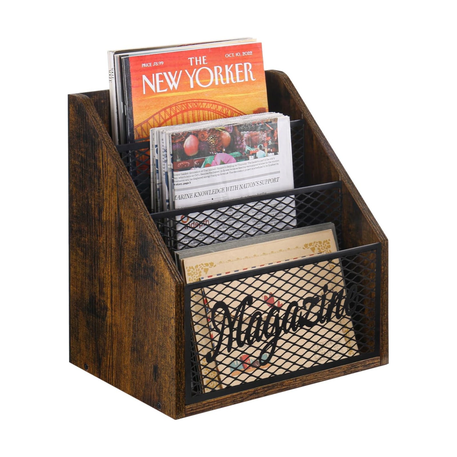 YINMIT 3 Tier Magazine Rack, Stepped Magazine Holder Floor for Home Storage | 3 Tier Stepped Design, Wood and Metal