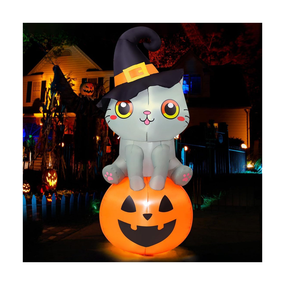GOOSH 6 FT Halloween Inflatables Cat Outdoor Decorations Blow Up Yard Cute Wizard Cat Sitting Pumpkin with Built-in LEDs for Garden Lawn Indoor Party Decor