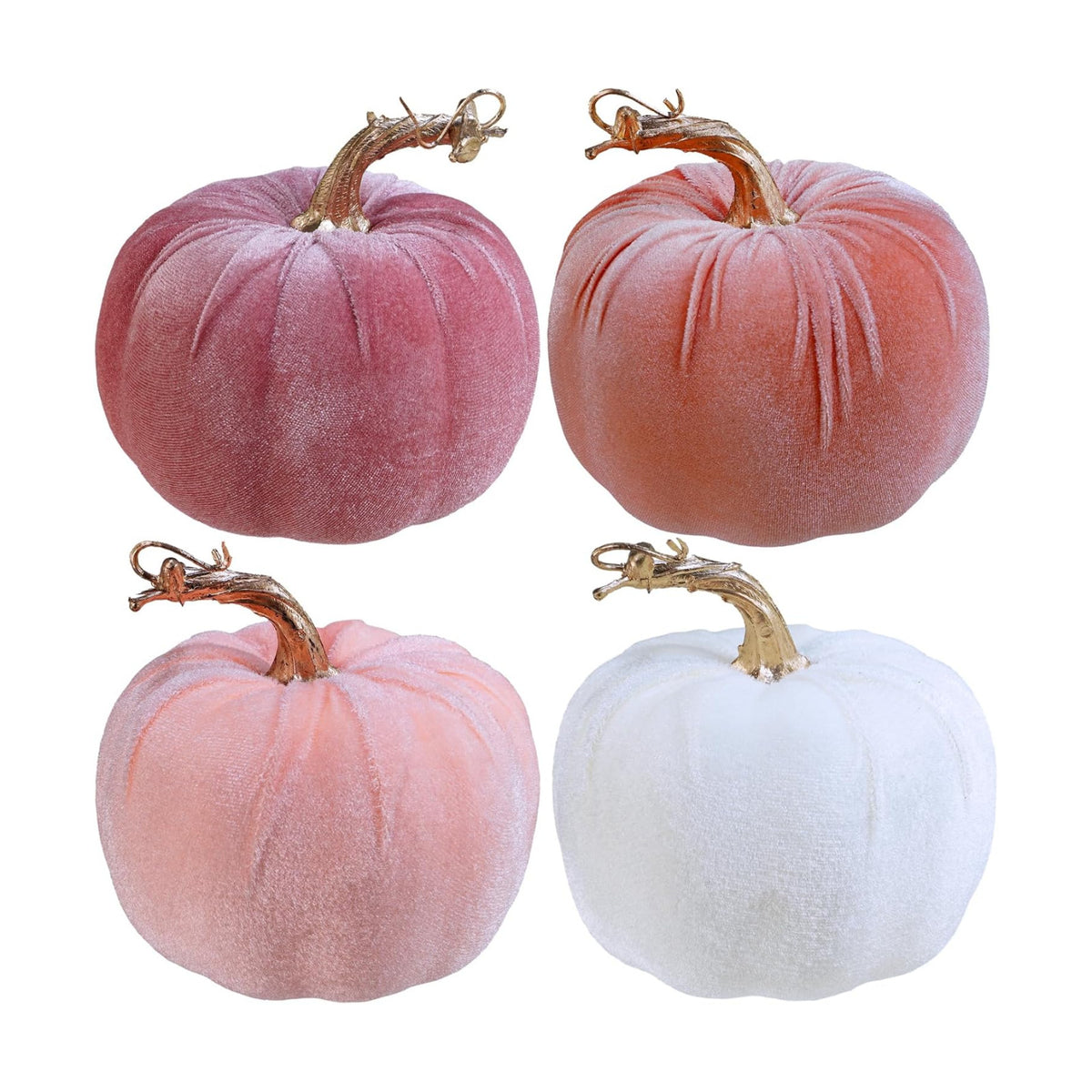 Winlyn Set of 4 Faux Pink Velvet Pumpkins Gold Stemmed Pumpkins Blush Coral Pink Peach Cream Decorative Fabric Pumpkins 5" for Fall Wedding Baby Shower Thanksgiving Halloween Table Centerpiece Décor