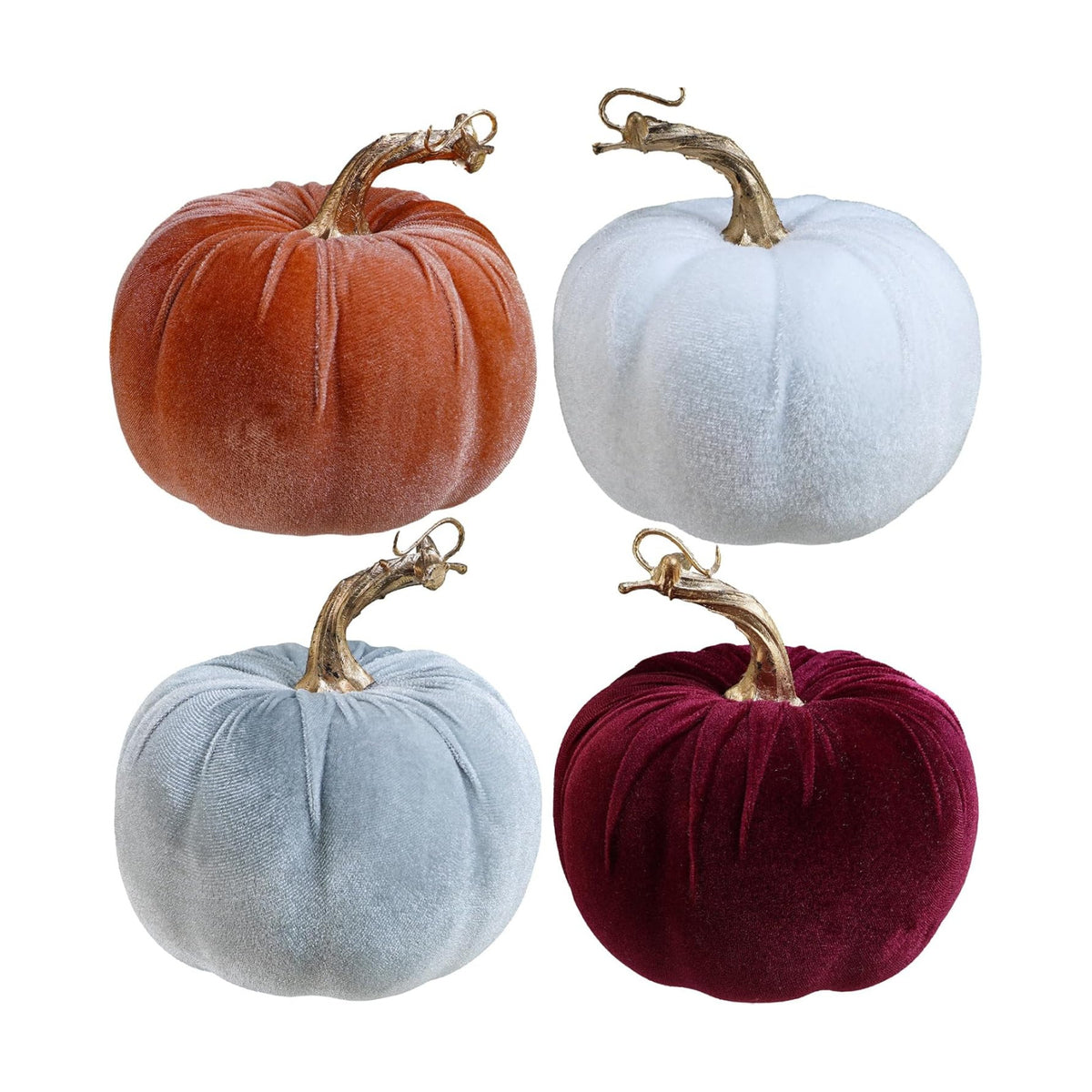 Winlyn Set of 4 Fall Velvet Artificial Pumpkins with Gold Stems Decorative Fabric Pumpkins in Burgundy Bronze Gray White Faux Foam Pumpkins 5" for Autumn Wedding Thanksgiving Halloween Mantel Décor