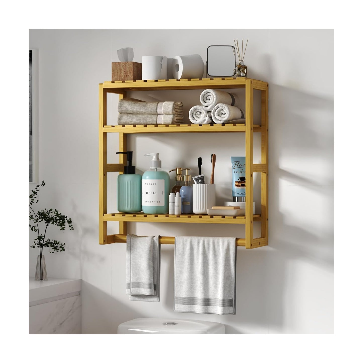 Galood Over The Toilet Storage Bathroom Shelves Wall Mounted Yellow | 3 Tier Space Saver Corner Shelf Organizer Bamboo
