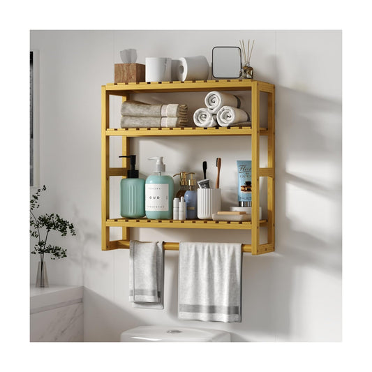 Galood Over The Toilet Storage Bathroom Shelves Wall Mounted Yellow | 3 Tier Space Saver Corner Shelf Organizer Bamboo