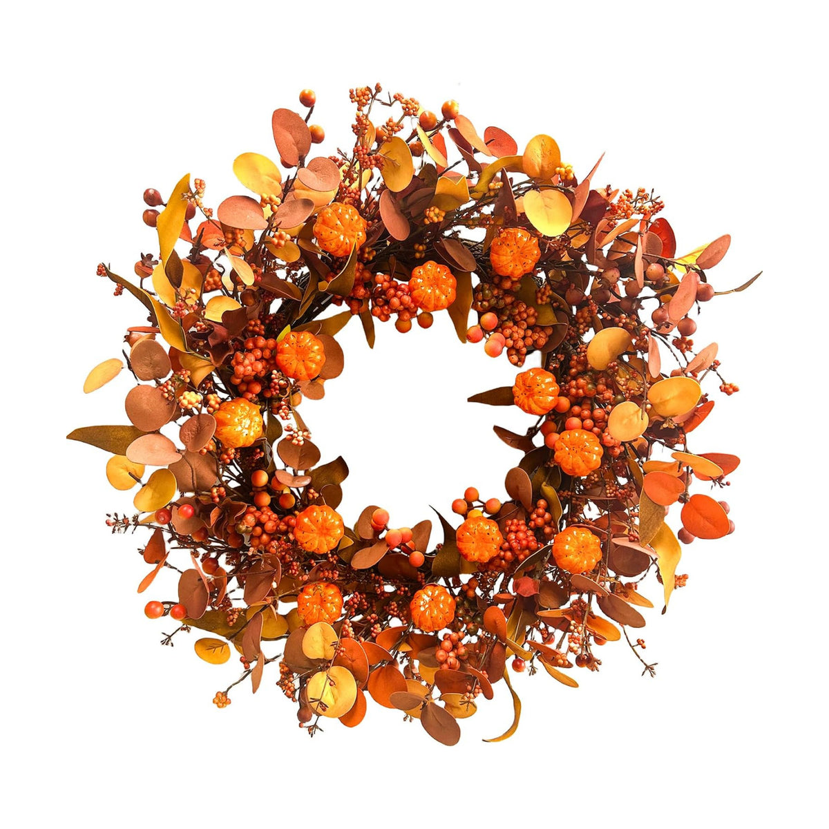 20 Inch Fall Wreath Artificial Pumpkin Wreaths for Front Door Autumn Door Wreath with Orange Eucalyptus Leaves Berries for Thanksgiving Day Harvest Festival Indoor Outdoor Celebration