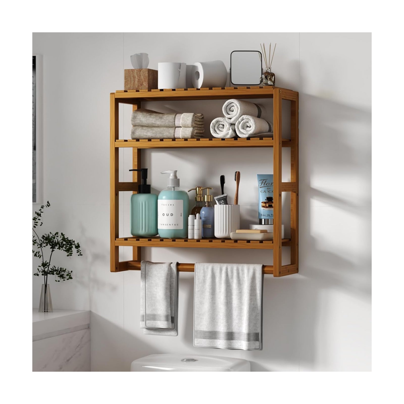Galood Over The Toilet Storage Bathroom Shelves Wall Mounted 3 Tier Brown | Space Saver Corner Shelf Organizer Bamboo