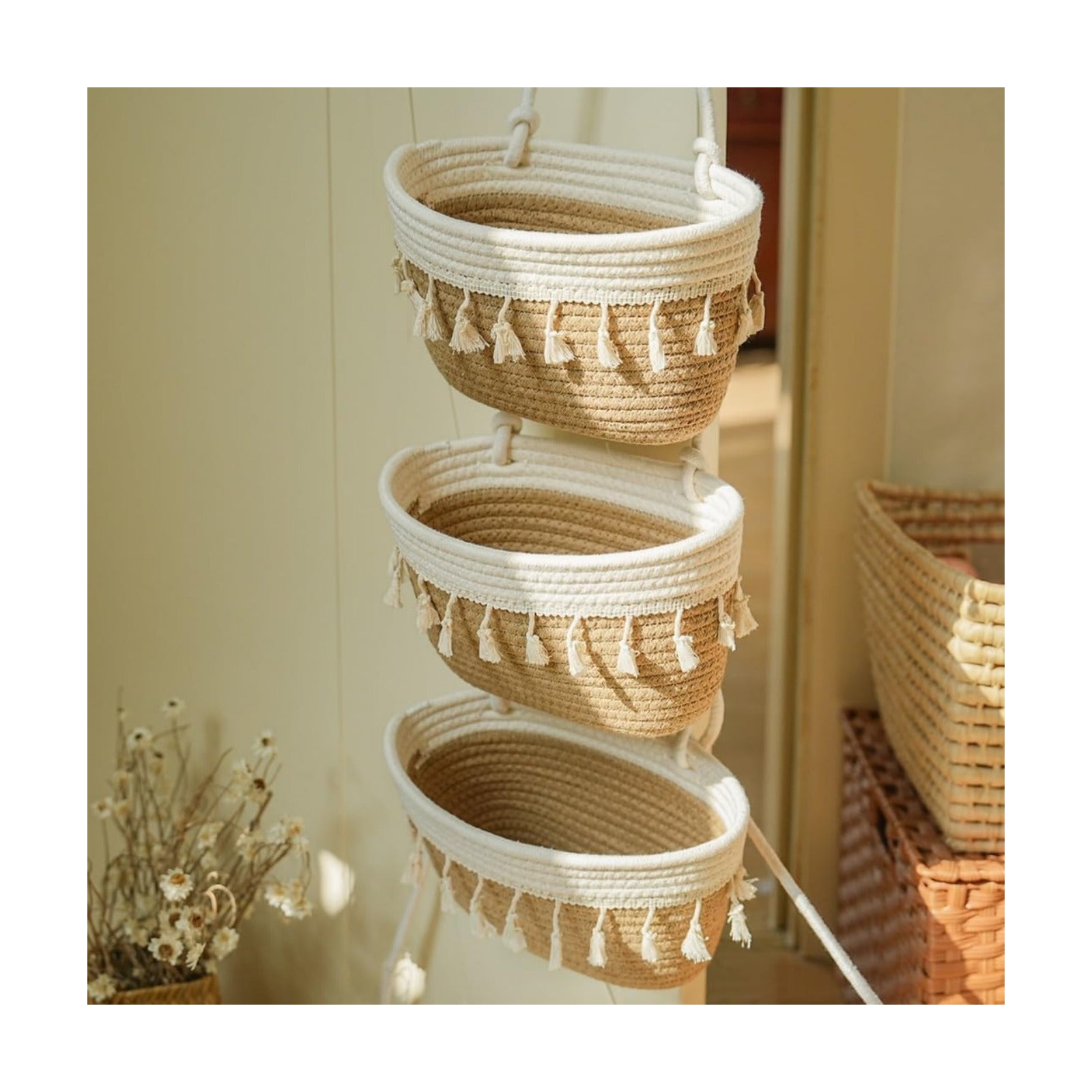 3-Tier Cotton Rope Baskets / Jute+white / 3 Tier+tassels