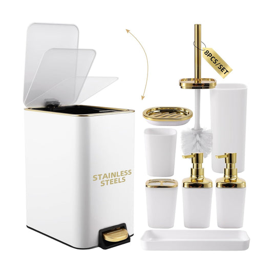 XLHOMO White Bathroom Accessories Set 8 Piece White and Gold Bathroom Set, Bathroom Sets with Stainless Steel Trash
