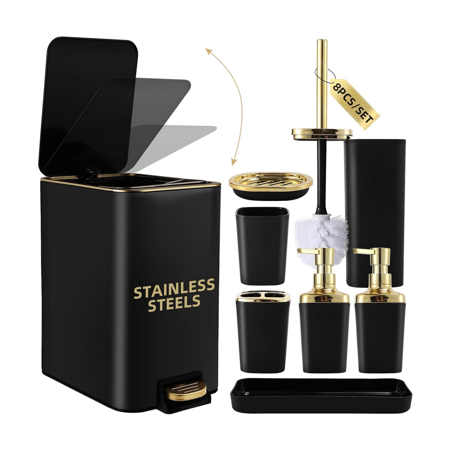 XLHOMO Black Bathroom Accessories 8 Piece Black and Gold Bathroom Set, Bathroom Accessories with Stainless Steel