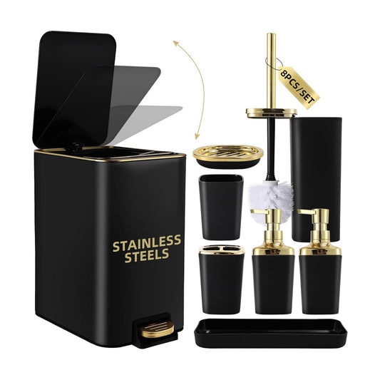 XLHOMO Black Bathroom Accessories 8 Piece Black and Gold Bathroom Set, Bathroom Accessories with Stainless Steel