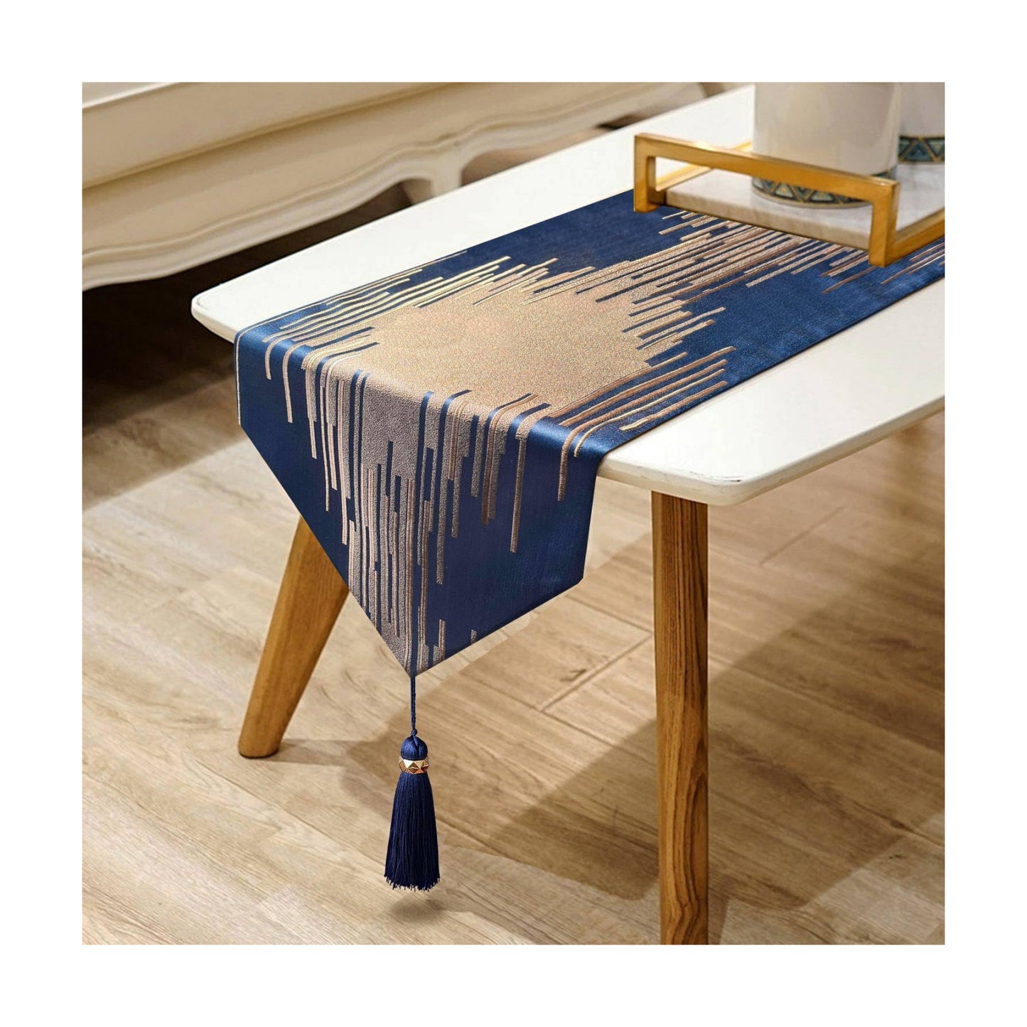 Luxury Modern Blue Table Runner,13"x120",Elegant Abstract Striped, Tassels | Table Runners 120 Inches Long, Thick