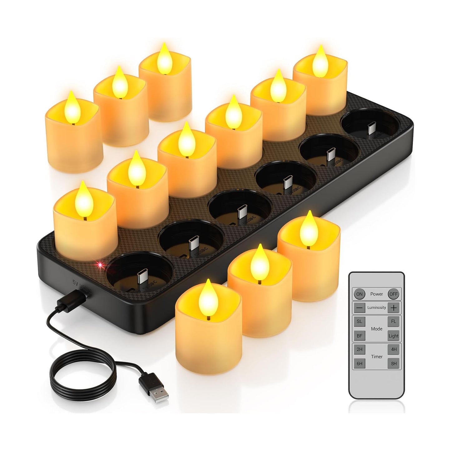 PChero Rechargeable Flameless Candles with Remote Timer & Charging Base | 12 Pack Votive Candles Battery Operated Tea