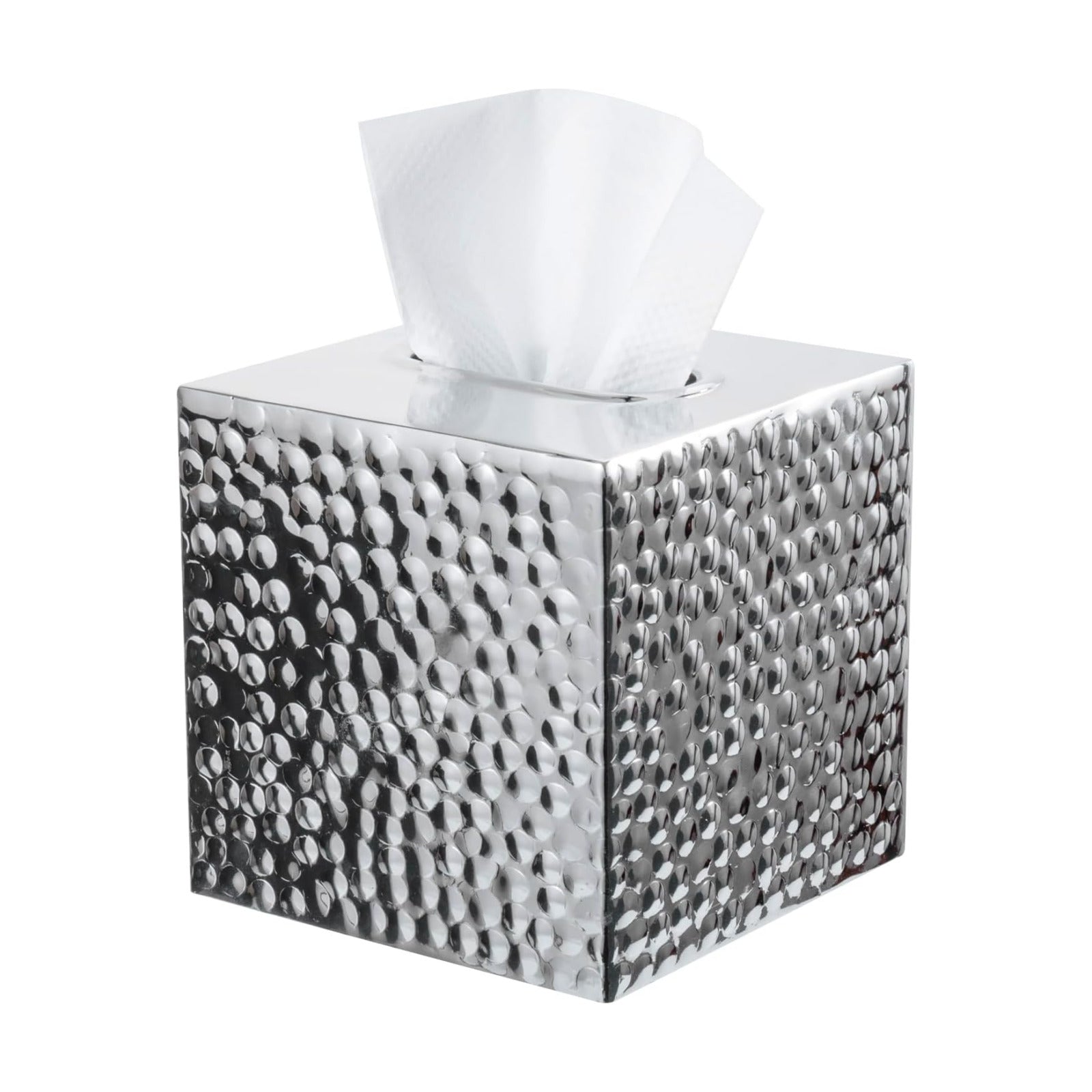 Modern Hammered Tone Metal Cube Facial Tissue Box Cover / Silver