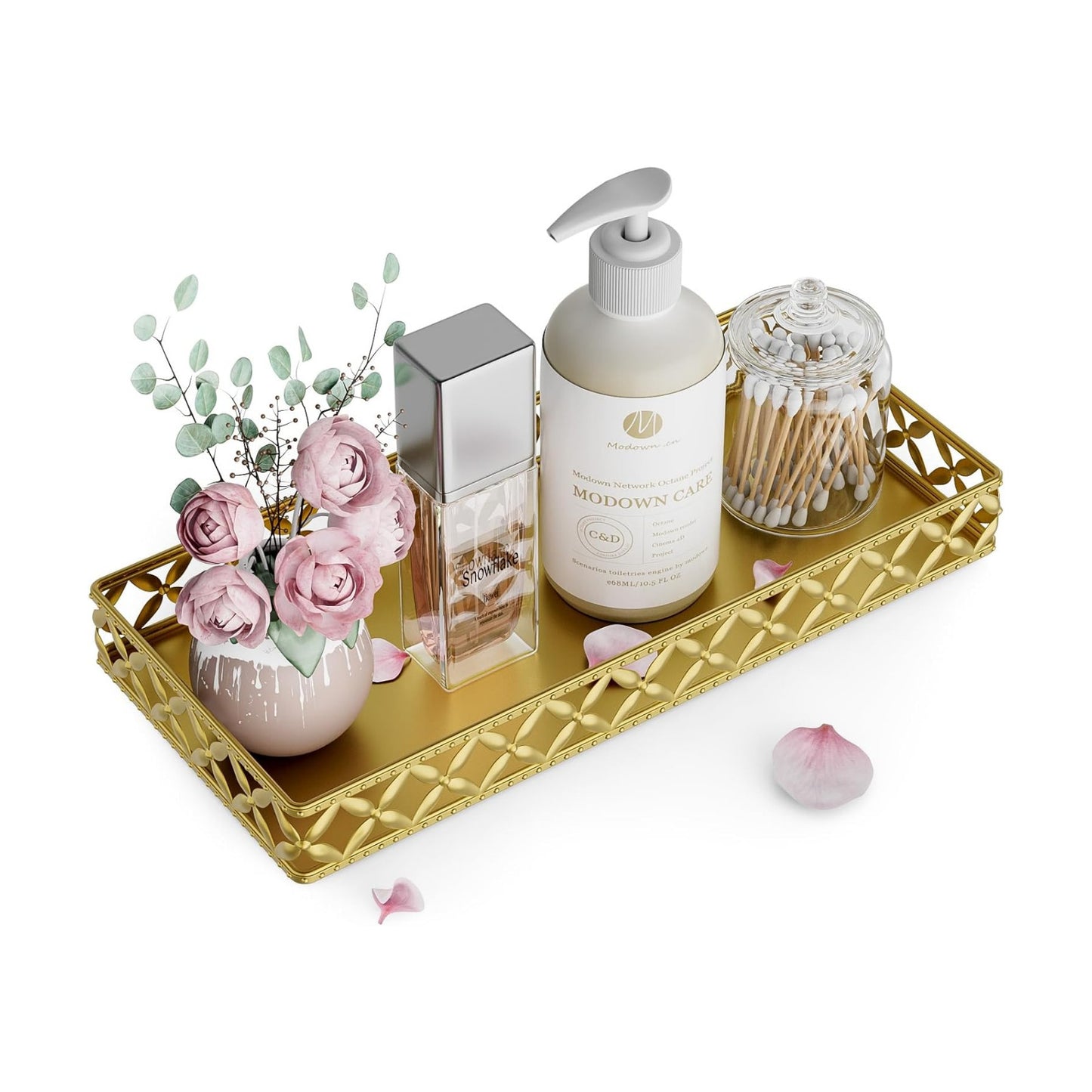 Bathroom Vanity Tray for Counter Organizer / Rectangle Floral-gold / 11 Inch