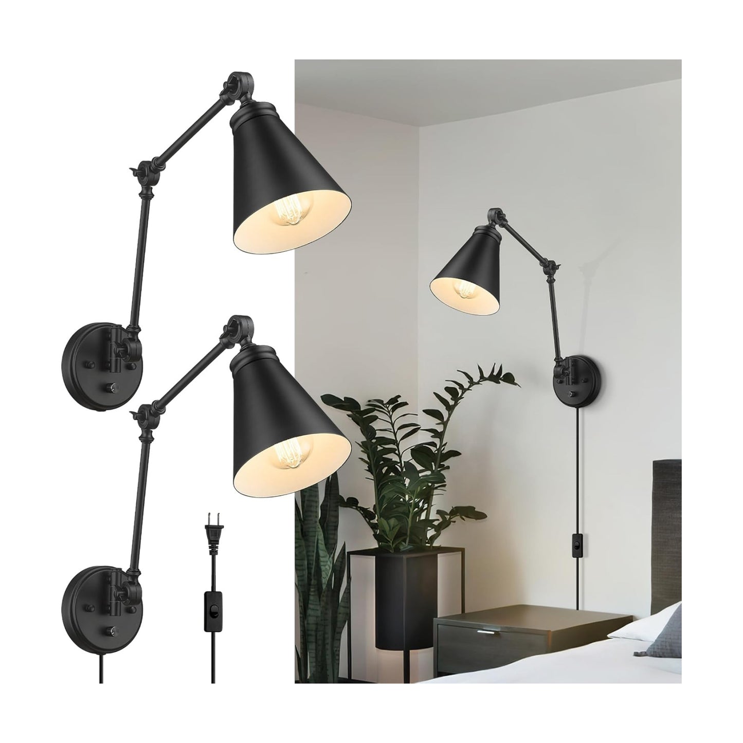 LIROUVET Plug in Wall Sconces Set of Two, Adjustable Swing Arm Wall Lamp, Industrial Sconces Wall Lighting with