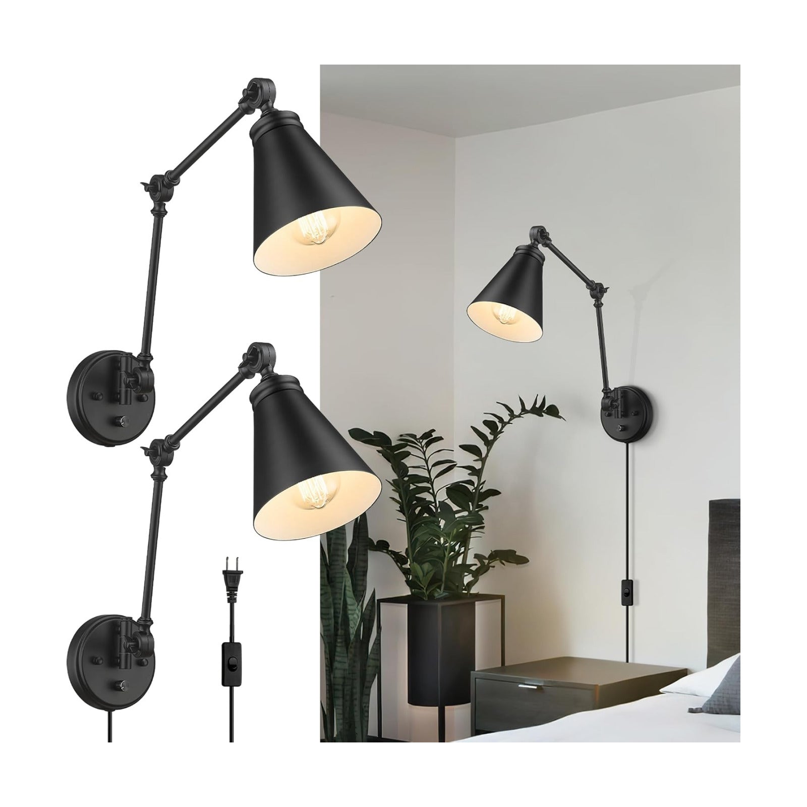 LIROUVET Plug in Wall Sconces Set of Two, Adjustable Swing Arm Wall Lamp, Industrial Sconces Wall Lighting with