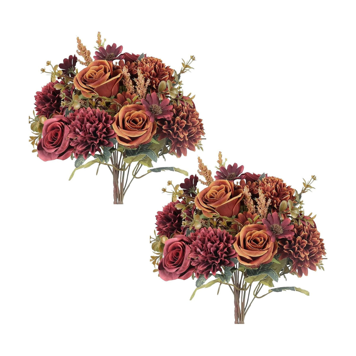 4 Pcs Fall Flowers Artificial Decoration, Silk Fall Bouquet Burgundy Orange