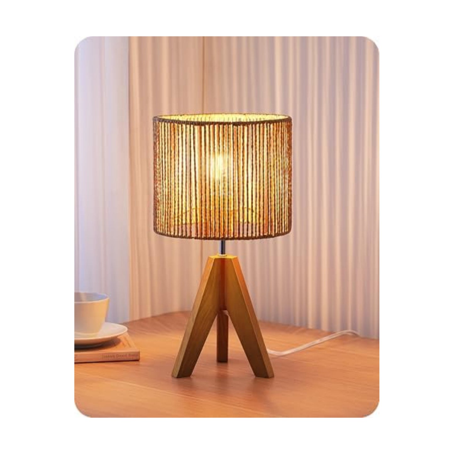 EDISHINE Small Rattan Table Lamp, Wood Tripod Bedside Lamp, 14.2", E26 Base