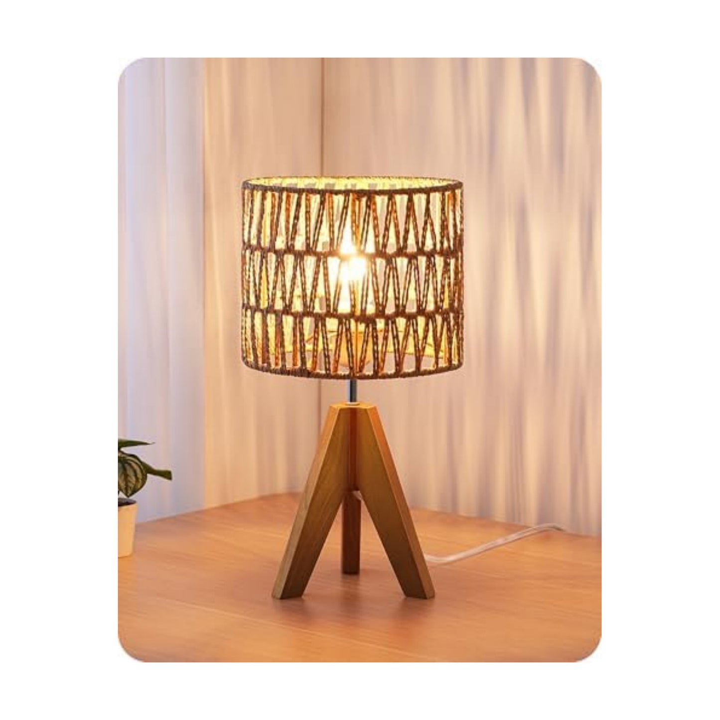 EDISHINE Rattan Small Table Lamp, Boho Nightstand Lamp, 14.2", E26 Base
