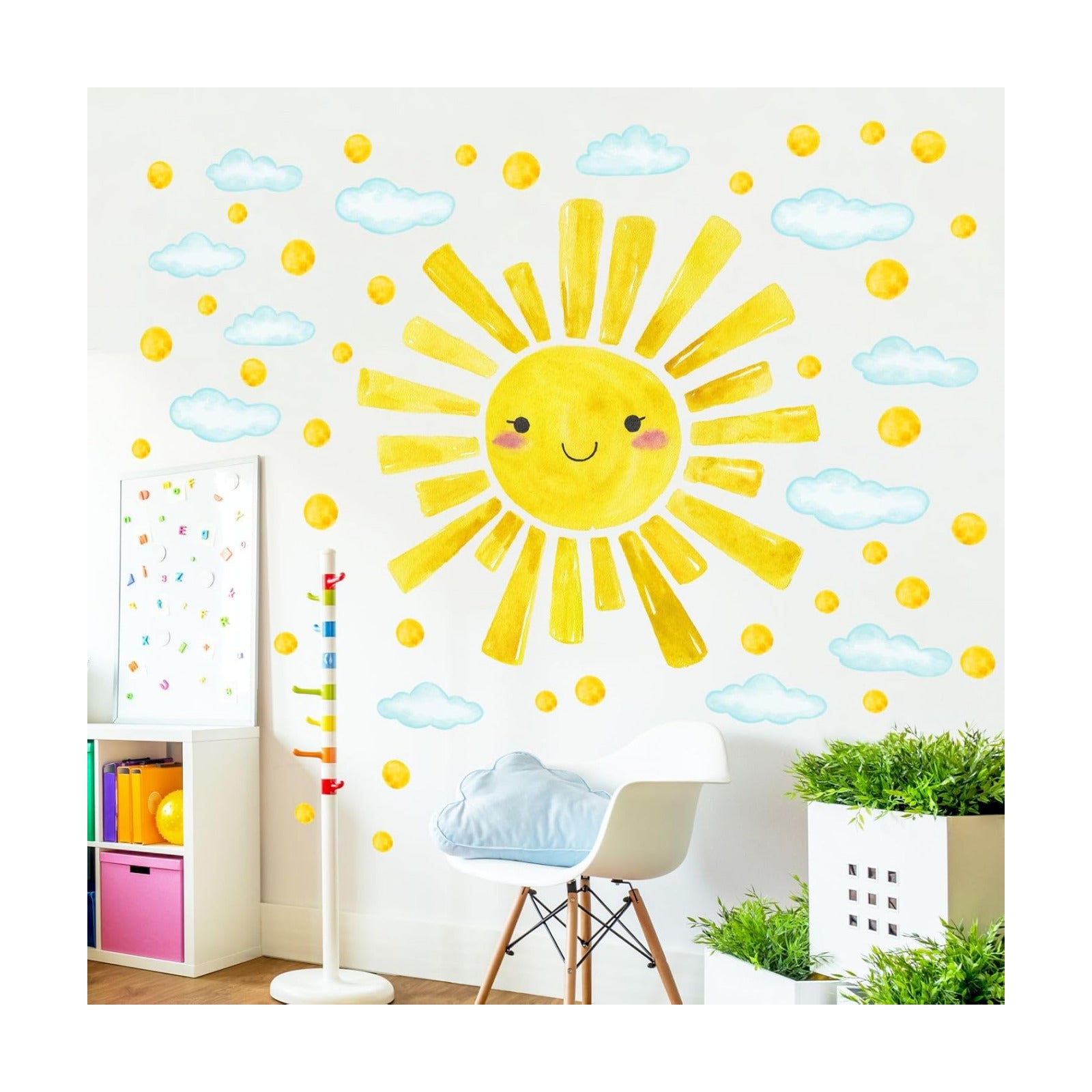 Watercolor Large Sun Wall Decals Cloud Polka Dots Wall Stickers for Kids Room / Smile Sun