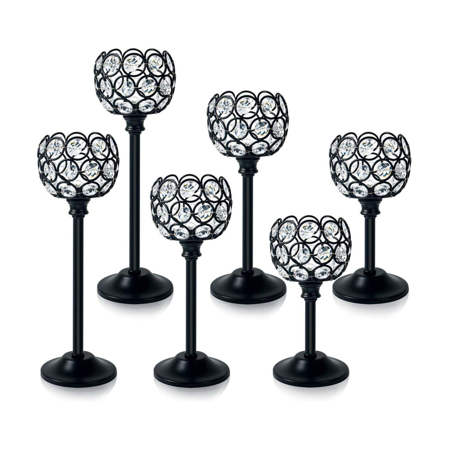 6pcs Crystal Candle Holder Set, 3 Sizes Tealight Candlestick Holders, Elegant Black Candelabra Bulk for Wedding Table