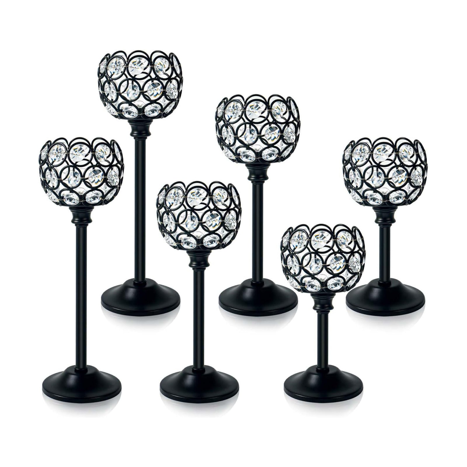 6pcs Crystal Candle Holder Set, 3 Sizes Tealight Candlestick Holders, Elegant Black Candelabra Bulk for Wedding Table