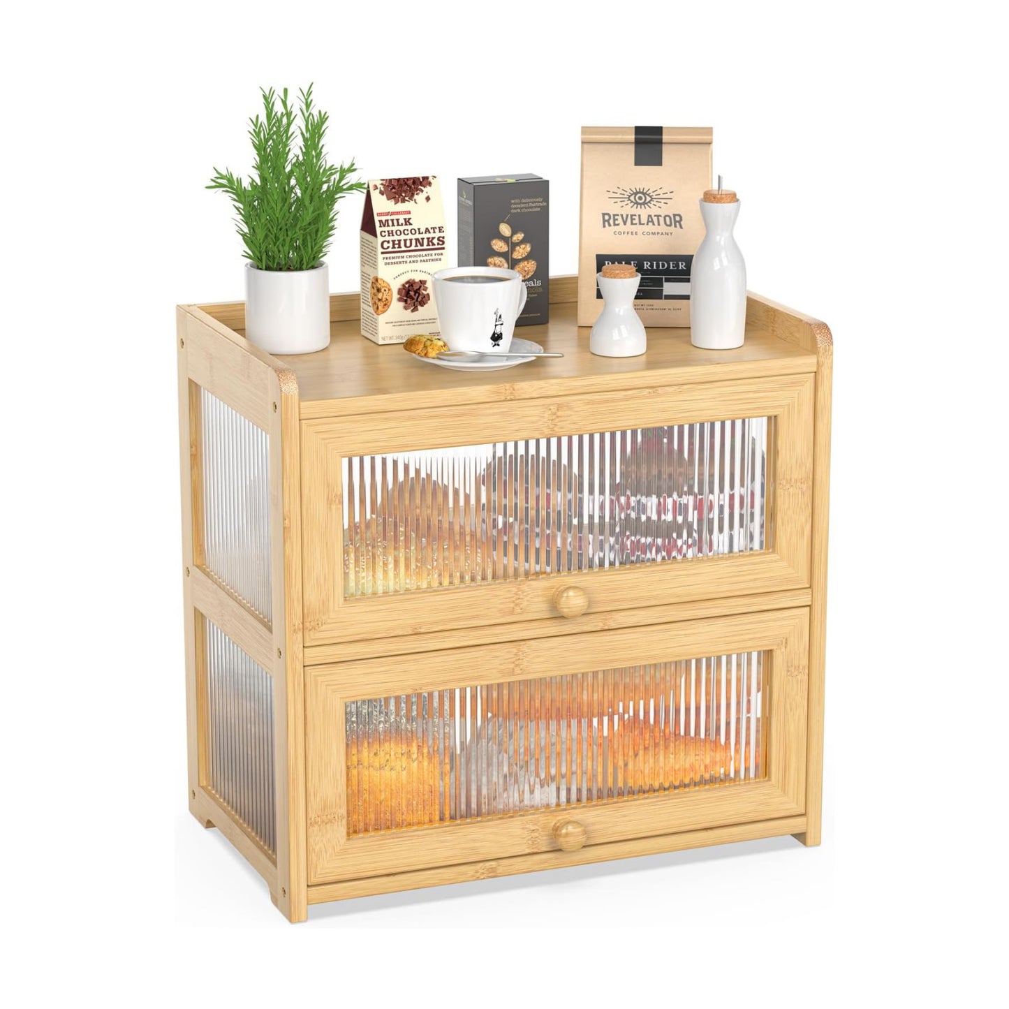 BAMBANG Extra Large Bamboo Bread Box for Kitchen Counter, Double Layer Bread Storage Container Farmhouse Bread Box with