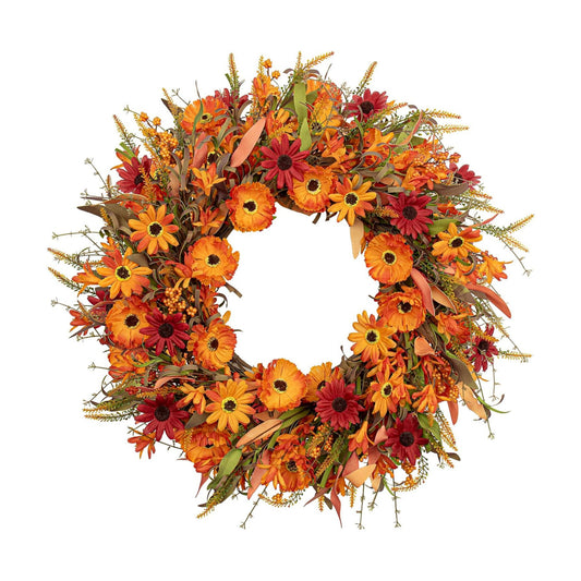 J'FLORU Artificial Fall Wreath 22 Inch Autumn Wreaths for Front Door Orange Daisy Wreath with Wildflowers Berries for Indoor Outdoor Wall Farmhouse Thanksgiving Day Harvest Festival Celebration