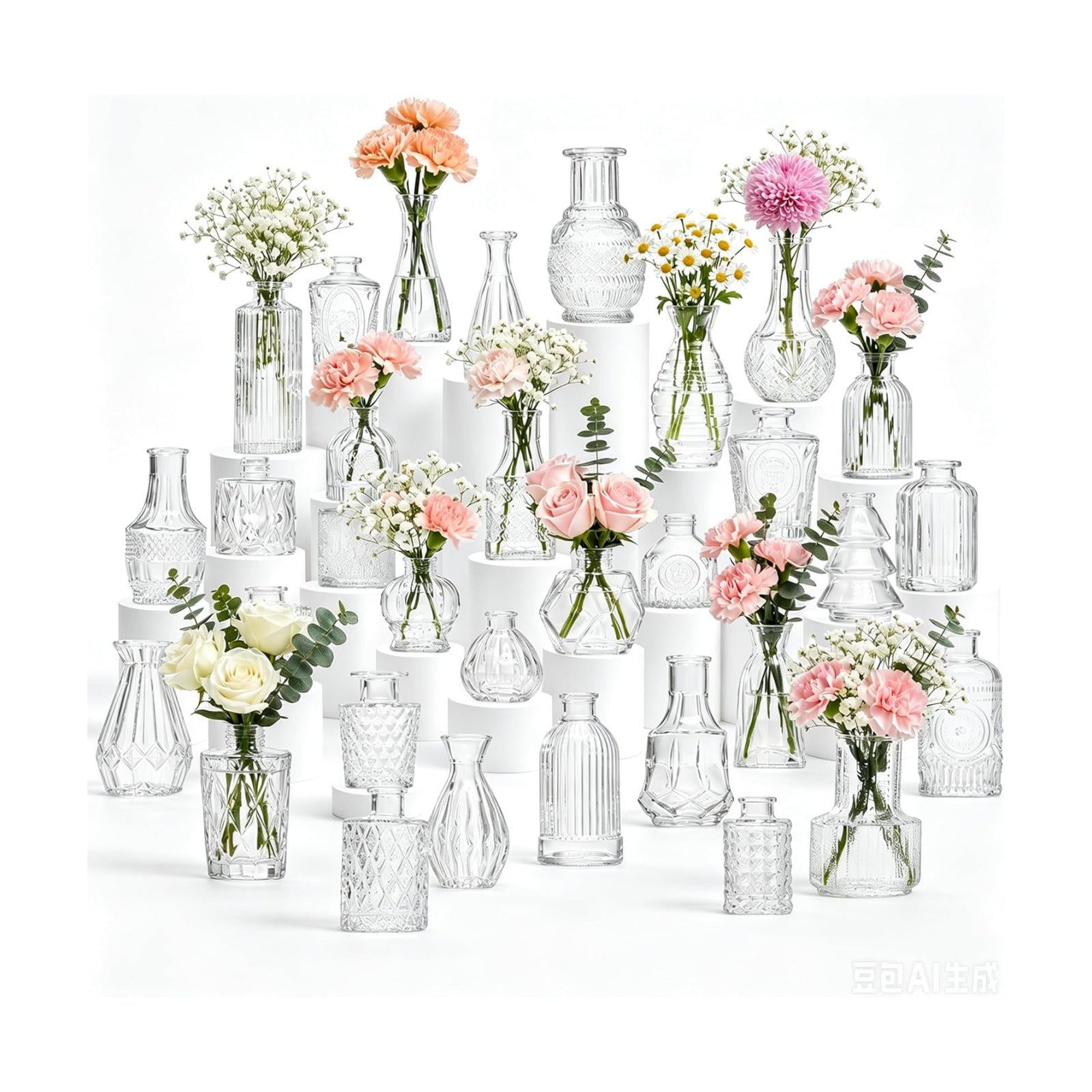Small Vintage Bud Vase Set for Flowers / Clear / Set of 32