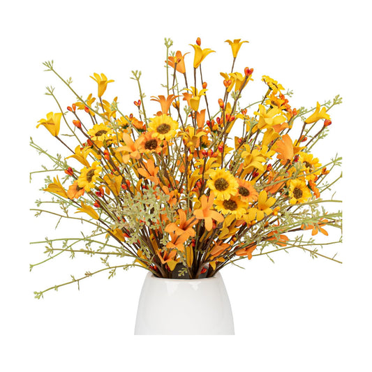 J'FLORU Fall Flower Decorations 12 Pack Autumn Floral Picks Artificial Forsythia Flowers with Orange Daisies for Floral Arrangements Harvest Festival Thanksgiving Day Decor