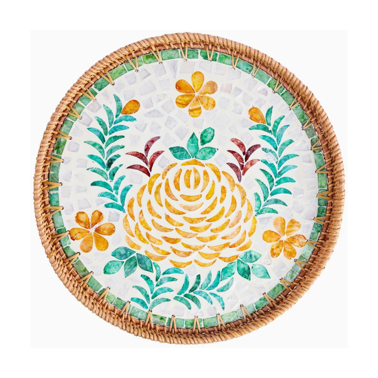 14" Large Rattan Serving Tray / Peony Flower / Set of 14