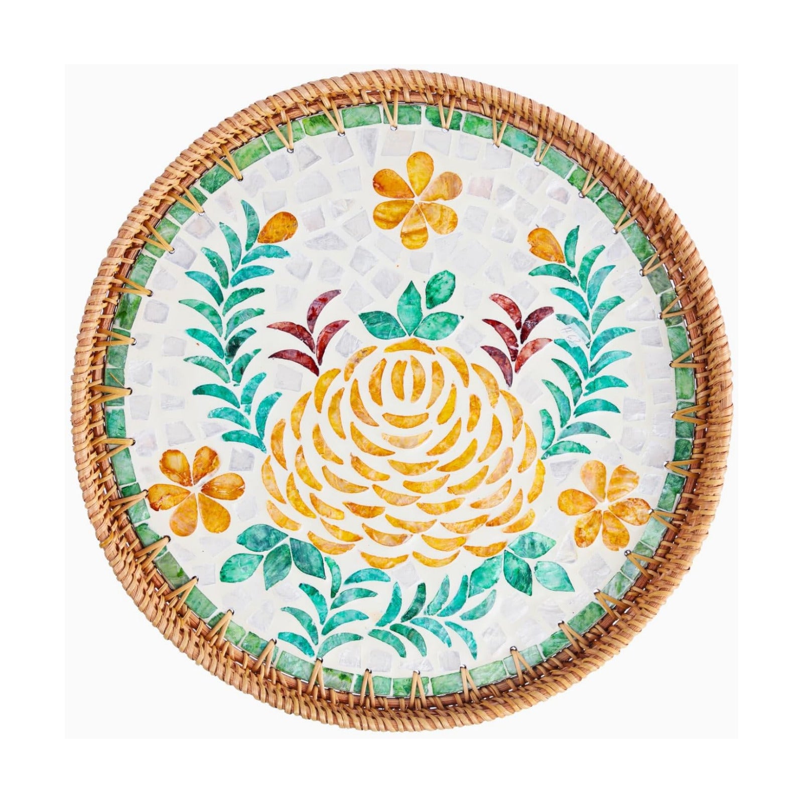 14" Large Rattan Serving Tray / Peony Flower / Set of 14