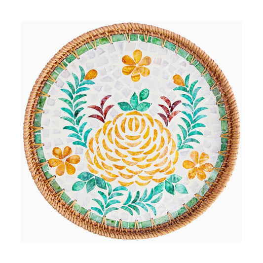 14" Large Rattan Serving Tray / Peony Flower / Set of 14
