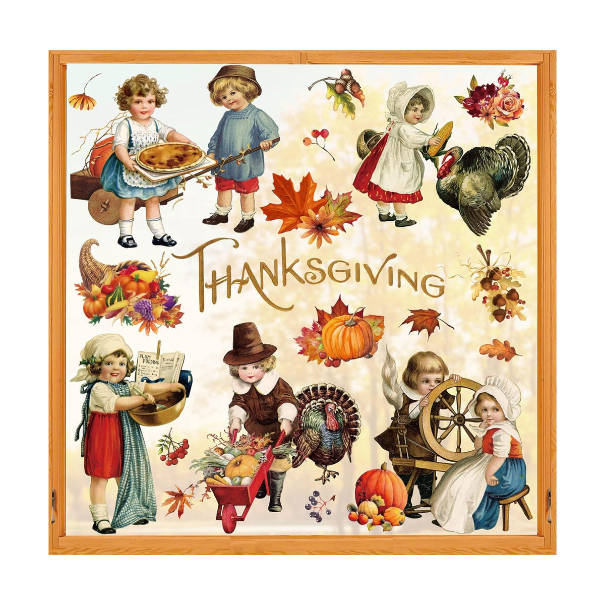 Whaline 6 Sheet Vintage Thanksgiving Window Clings Retro Fall Farmhouse Reusable Window Decals for Autumn Thanksgiving Home School Office Party Supplies Gifts
