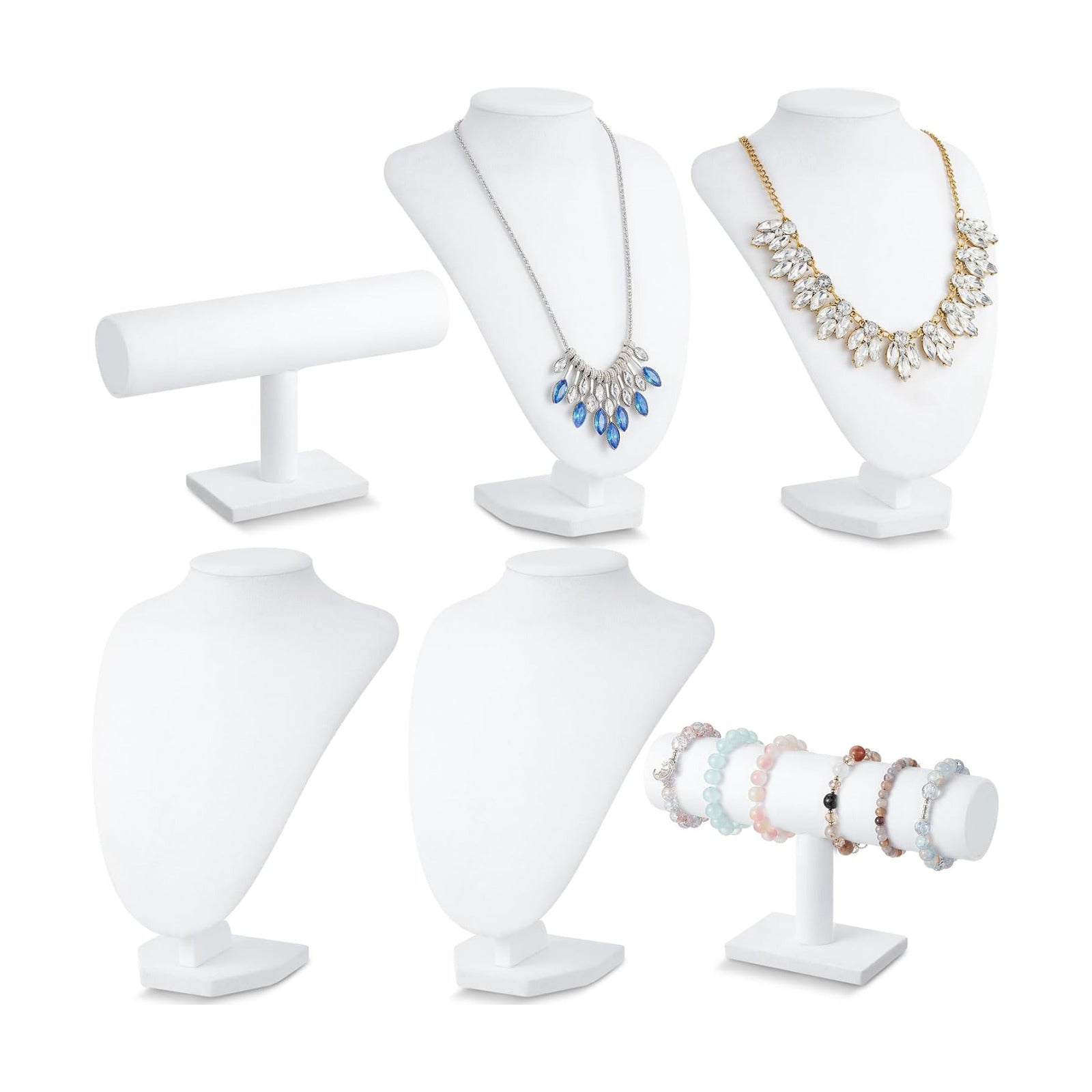 Jewelry Display Set Necklace Display Stand T Bar Bracelet Holder Jewelry / White / Velvet / Set of 6