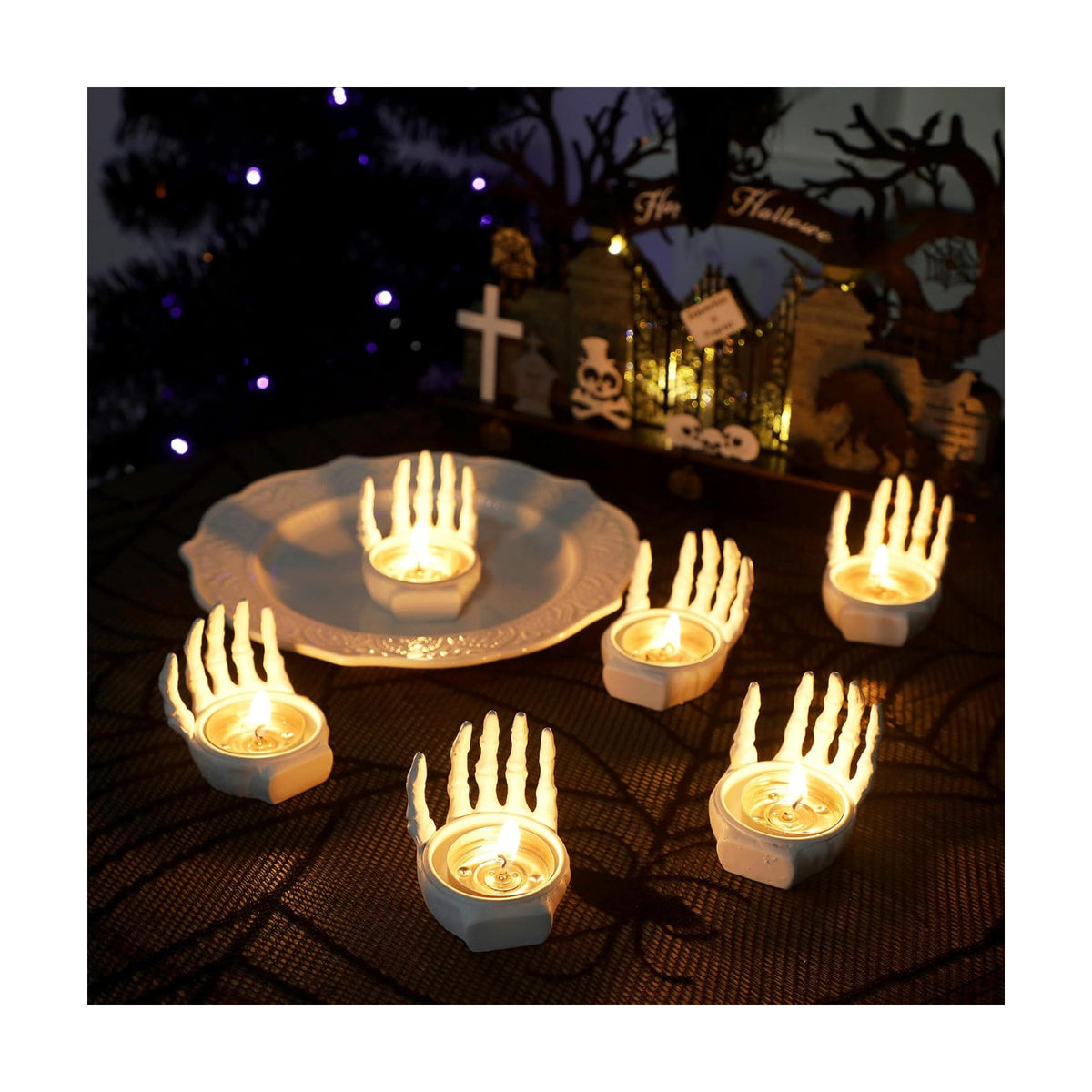 FORUP 6 Pack Skeleton Hand Tea Light Candle Holders, Halloween Candle Holder, Halloween Home Table Decoration, Dia.1.57", White