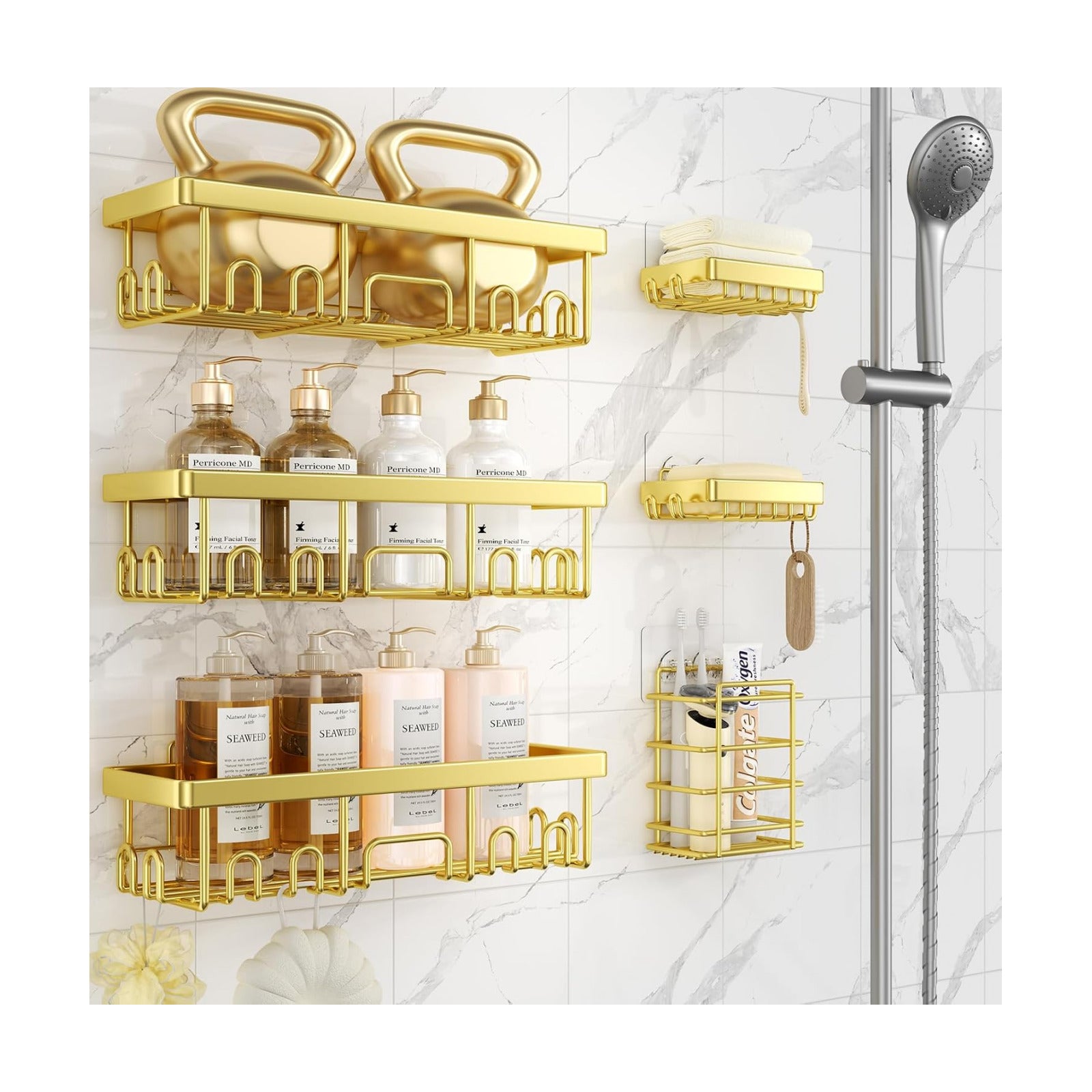 Veken Adhesive Shower Caddy 6-Pack,Gifts for Women Mom,Heavy Weight Bearing,Large Wall Mounted Bathroom Shelves
